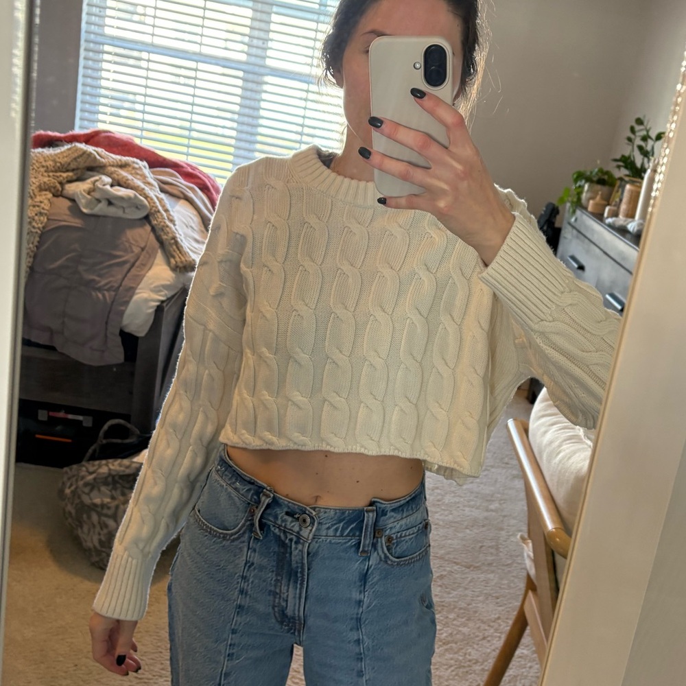 Babaton (Aritzia) Cream Cable Knit Cropped Sweater